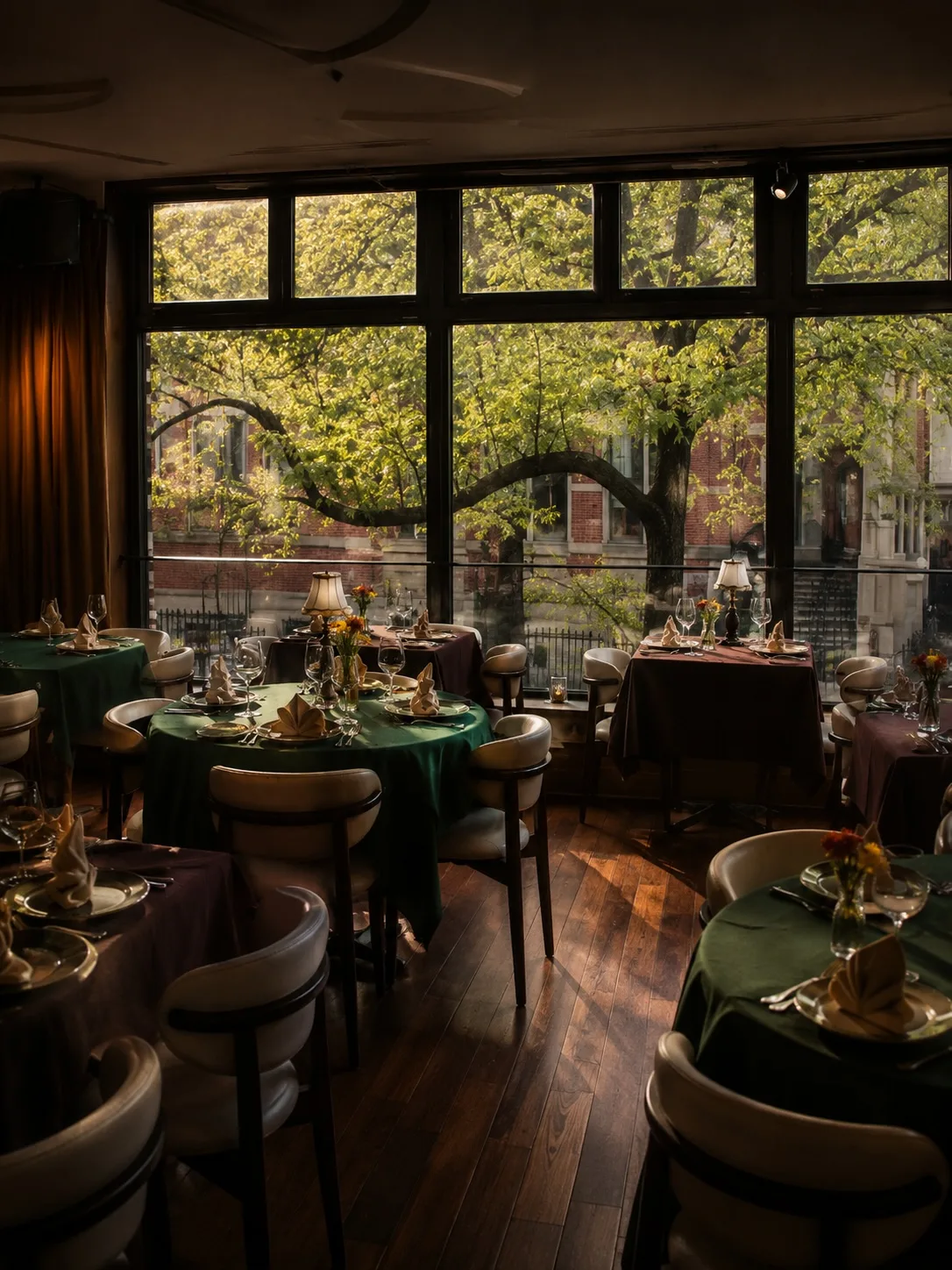 GUSI's second-floor dining room (Lebedi / The Swans) — emerald-green and burgundy tablecloths, ivory leather chairs, and golden evening light through tall windows over leafy Sixth Avenue trees at 432 Sixth Avenue, Greenwich Village, NYC